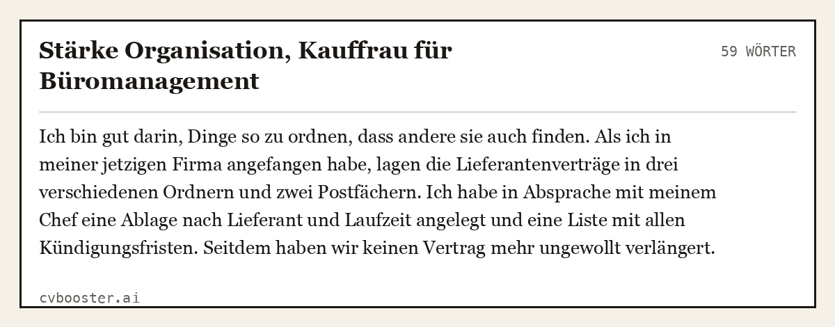 Ausgearbeitetes Beispiel: Stärke Organisation, Kauffrau für Büromanagement, 59 Wörter