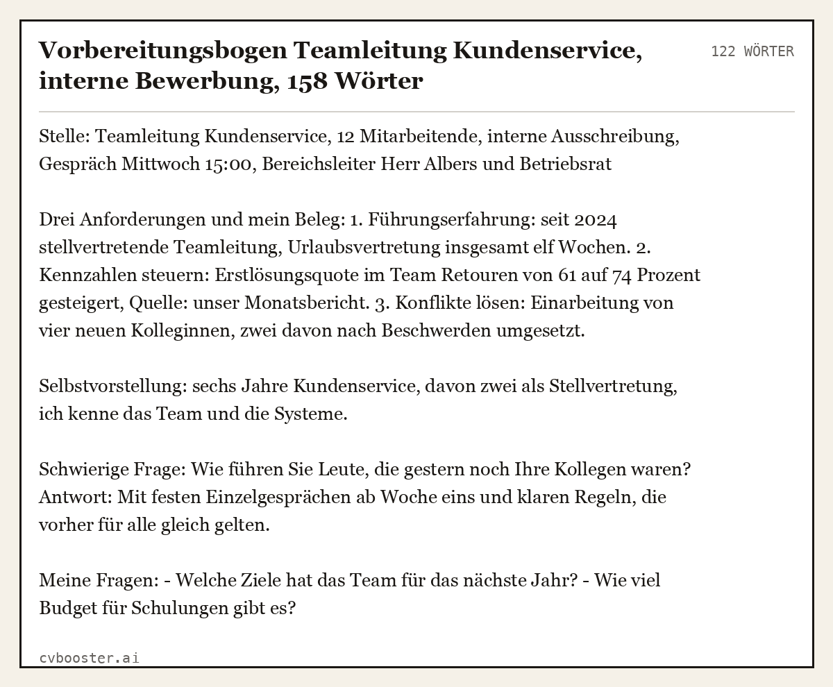 Ausgearbeitetes Beispiel: Vorbereitungsbogen Teamleitung Kundenservice, interne Bewerbung, 122 Wörter