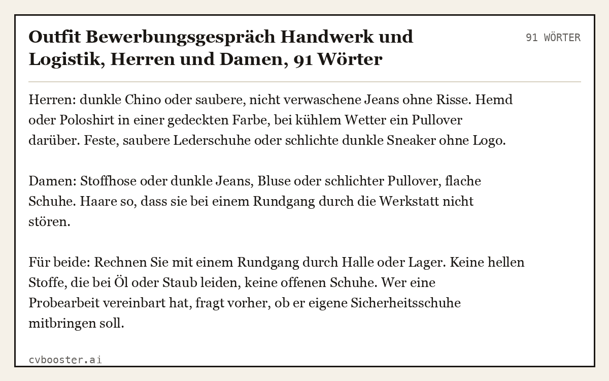Ausgearbeitetes Beispiel: Outfit Bewerbungsgespräch Handwerk und Logistik, Herren und Damen, 91 Wörter