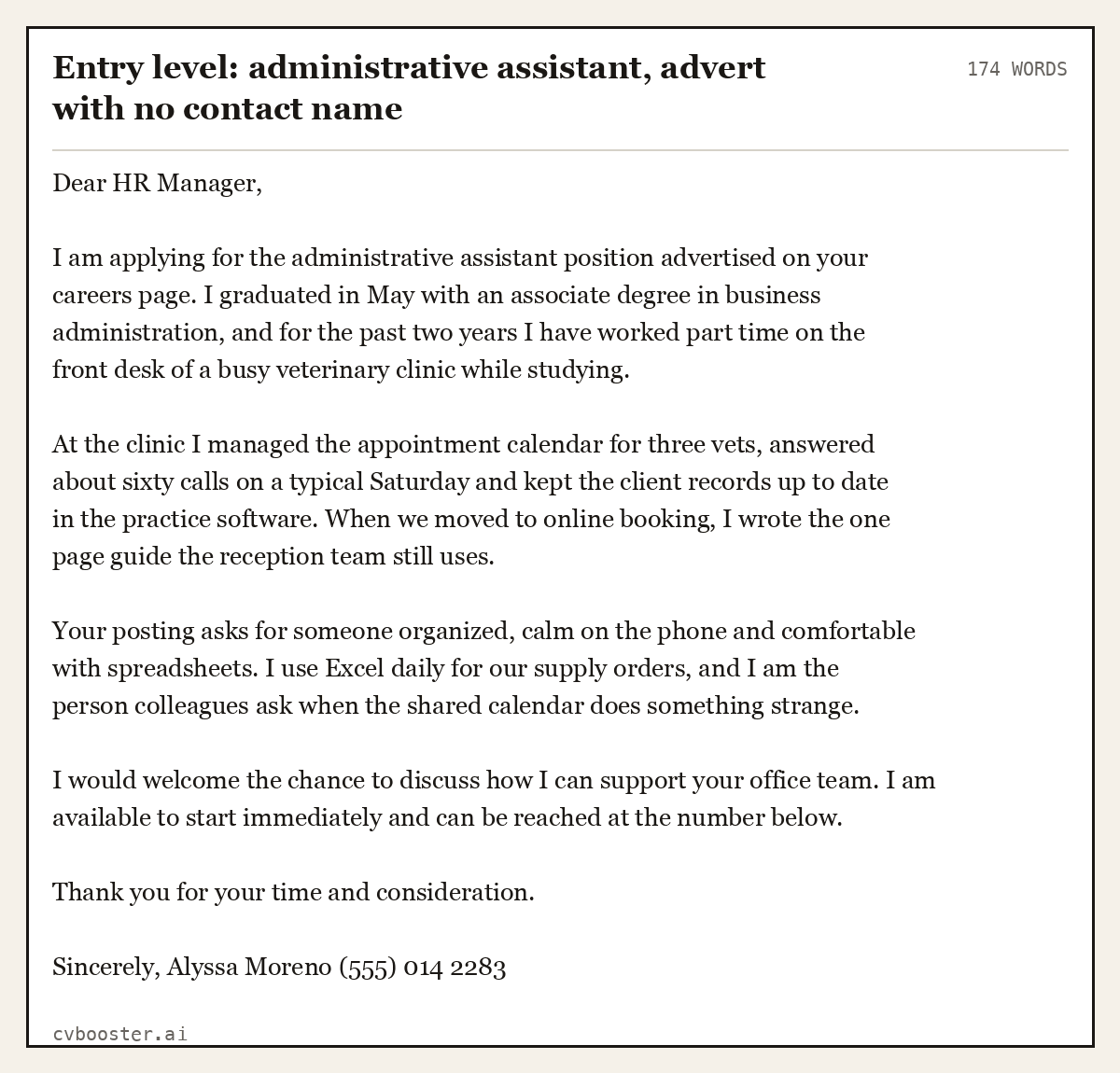 Complete Entry level: administrative assistant, advert with no contact name example, 174 words, laid out as it would sit in the application form