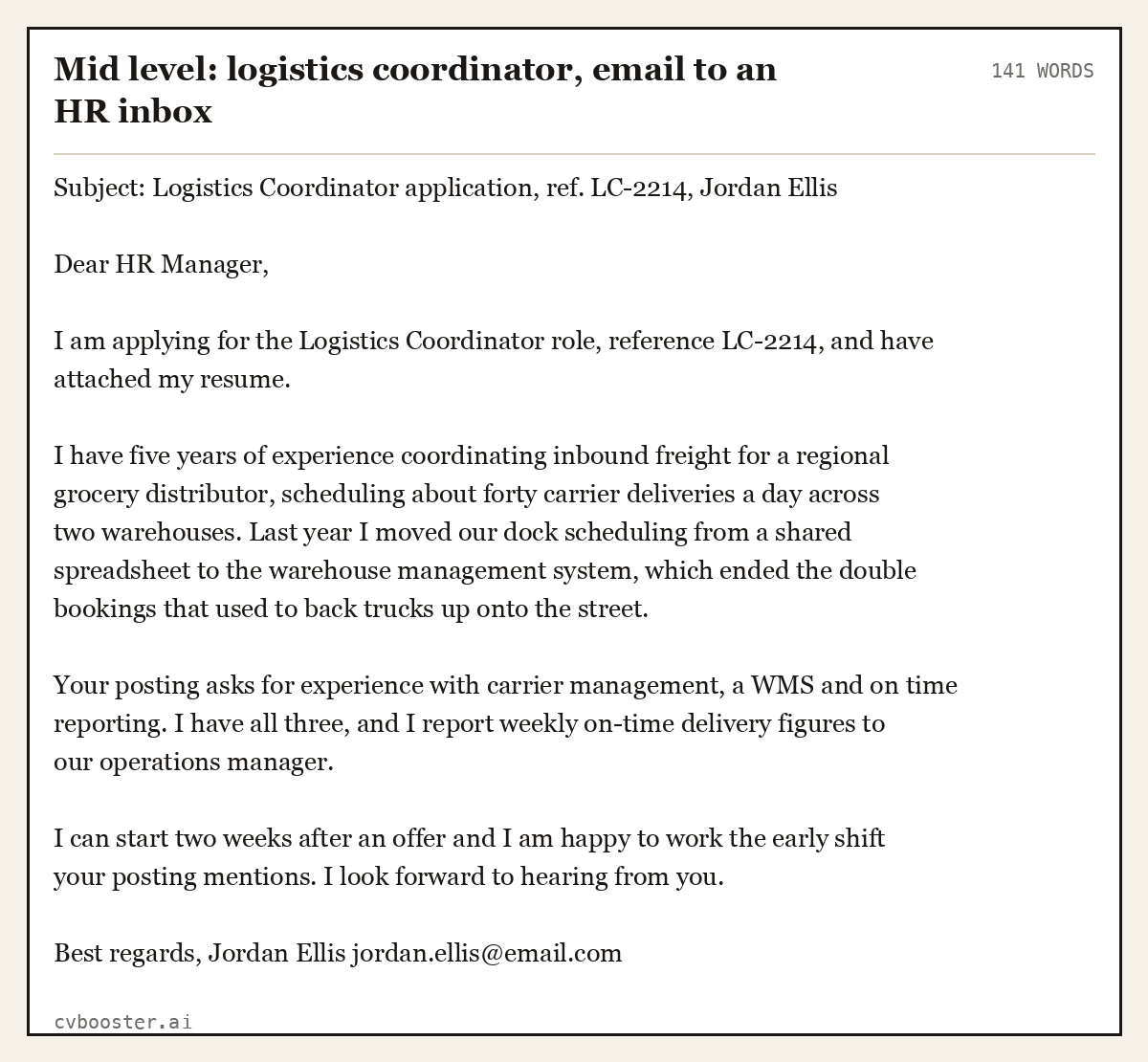 Complete Mid level: logistics coordinator, email to an HR inbox example, 141 words, laid out as it would sit in the application form
