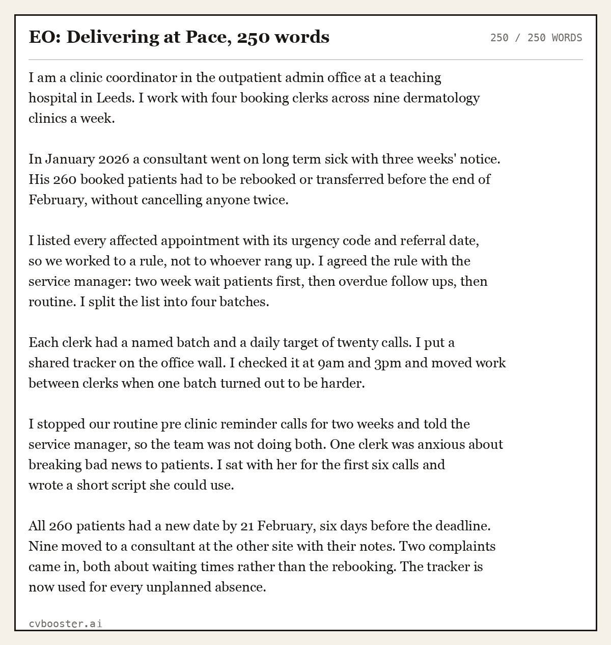 Complete EO: Delivering at Pace example, 250 words, laid out as it would sit in the application form