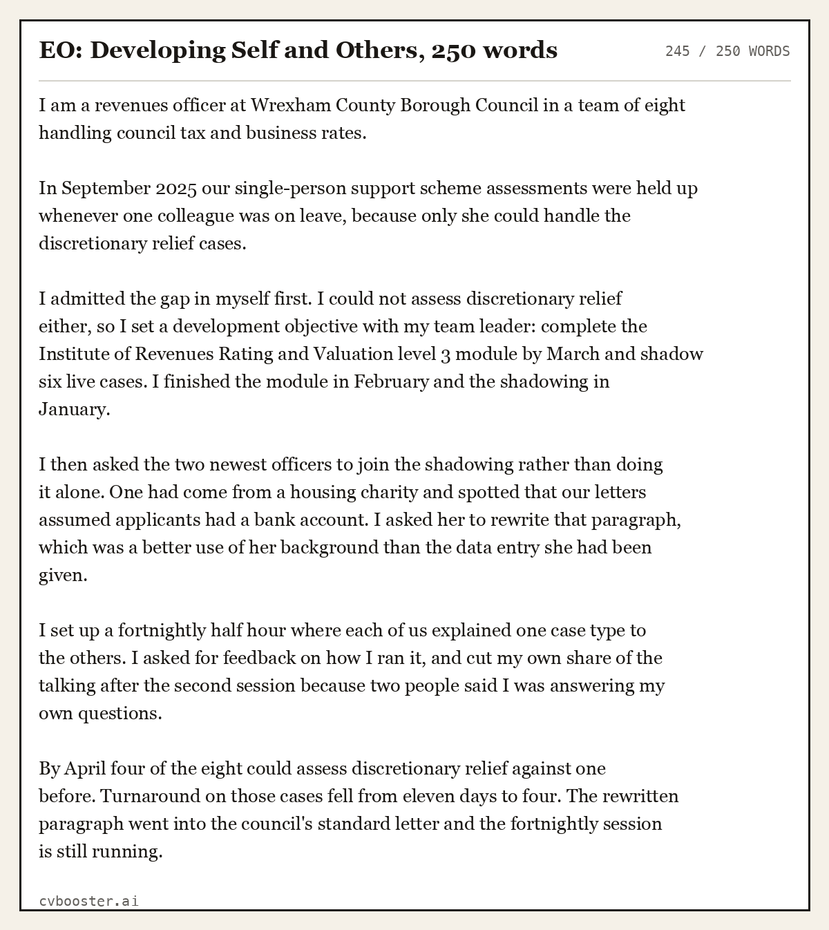 Complete EO: Developing Self and Others example, 245 words, laid out as it would sit in the application form