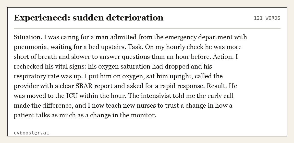 Complete Experienced: sudden deterioration example, 121 words, laid out as it would sit in the application form