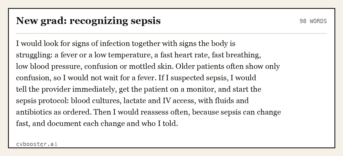 Complete New grad: recognizing sepsis example, 98 words, laid out as it would sit in the application form