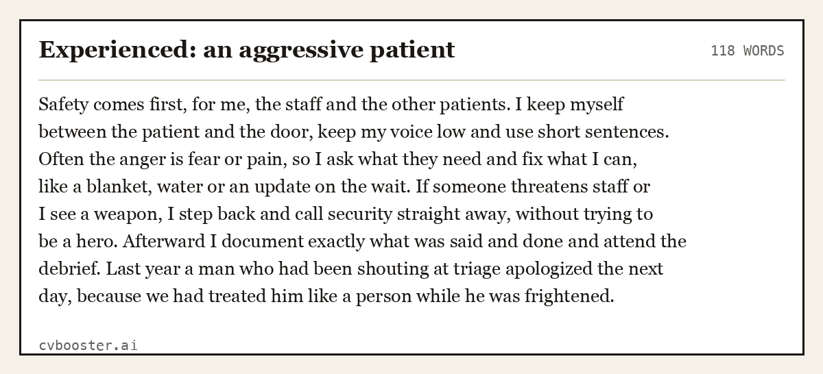 Complete Experienced: an aggressive patient example, 118 words, laid out as it would sit in the application form