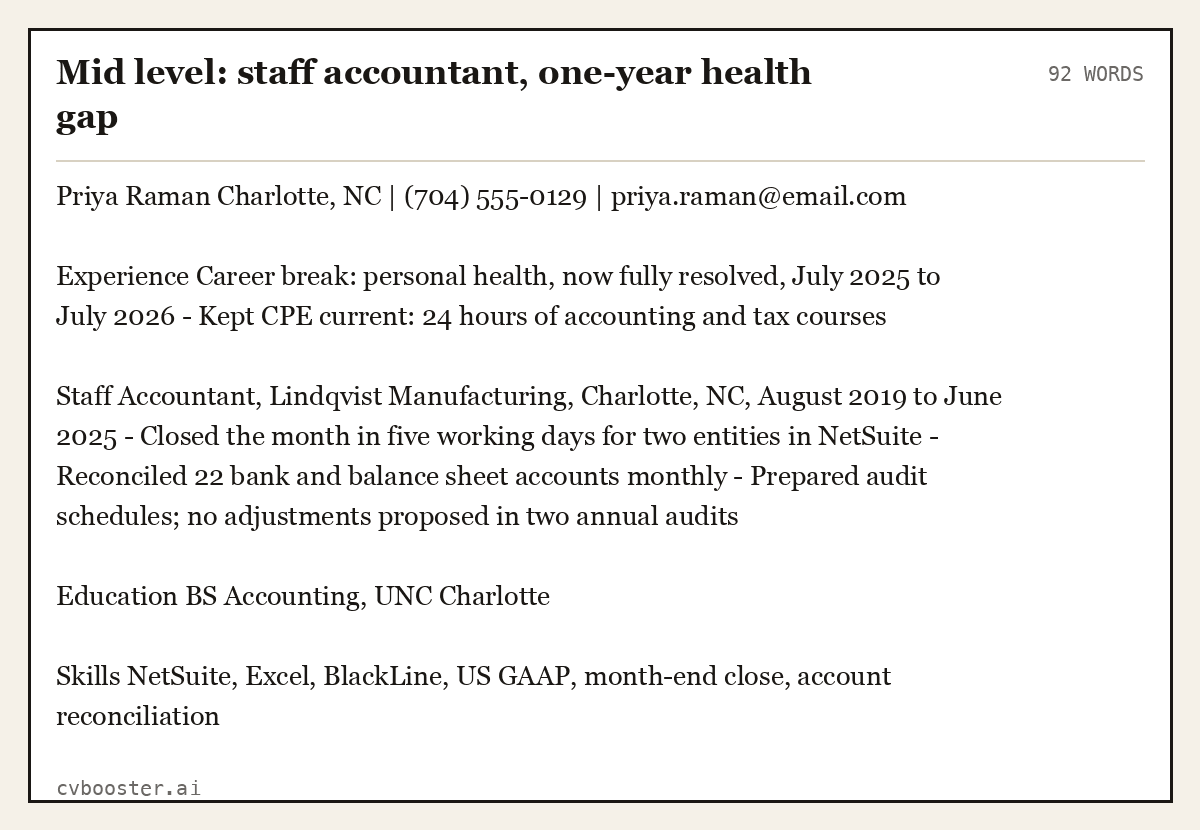 Complete Mid level: staff accountant, one-year health gap example, 92 words, laid out as it would sit in the application form