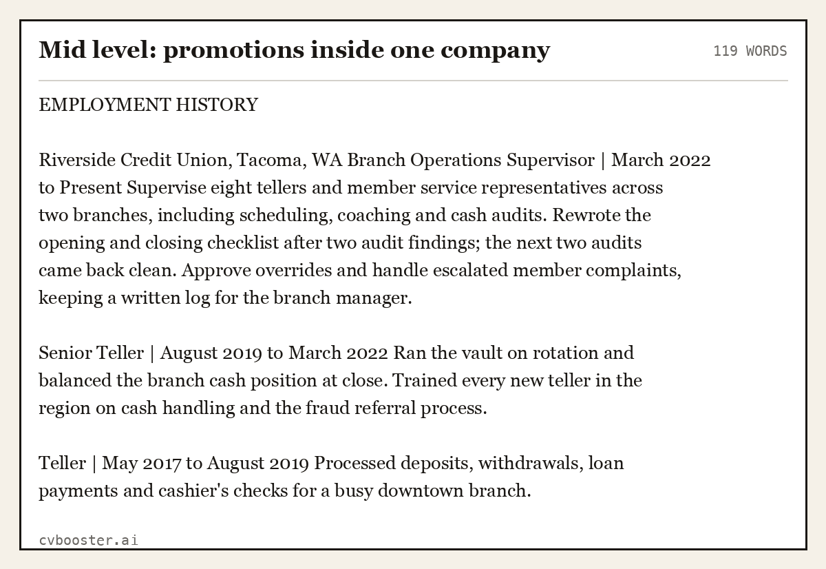 Complete Mid level: promotions inside one company example, 119 words, laid out as it would sit in the application form