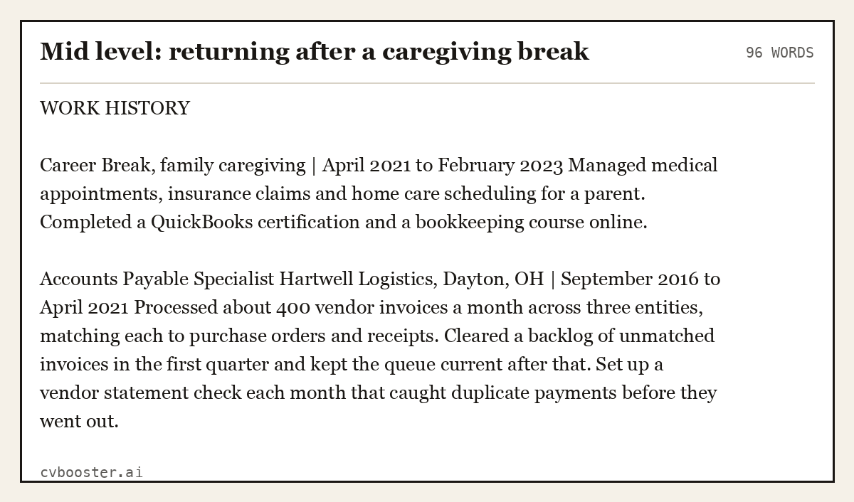 Complete Mid level: returning after a caregiving break example, 96 words, laid out as it would sit in the application form