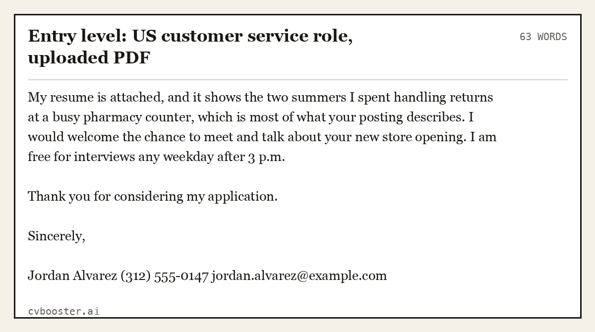 Complete Entry level: US customer service role, uploaded PDF example, 63 words, laid out as it would sit in the application form