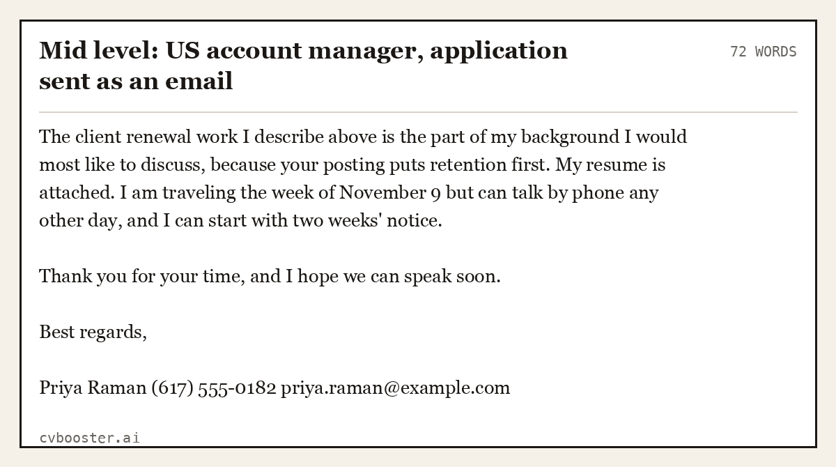Complete Mid level: US account manager, application sent as an email example, 72 words, laid out as it would sit in the application form