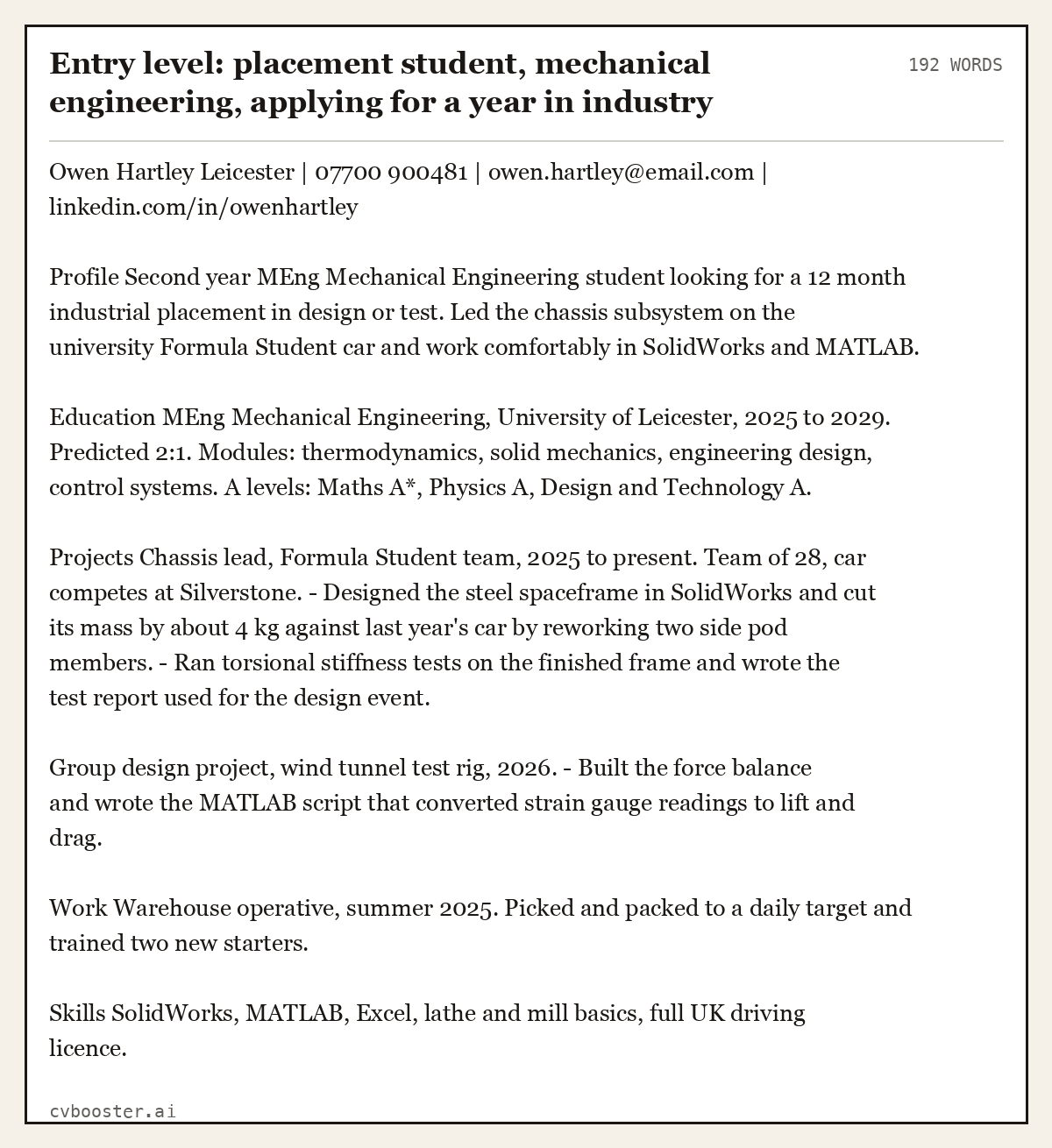 Complete Entry level: placement student, mechanical engineering, applying for a year in industry example, 192 words, laid out as it would sit in the application form
