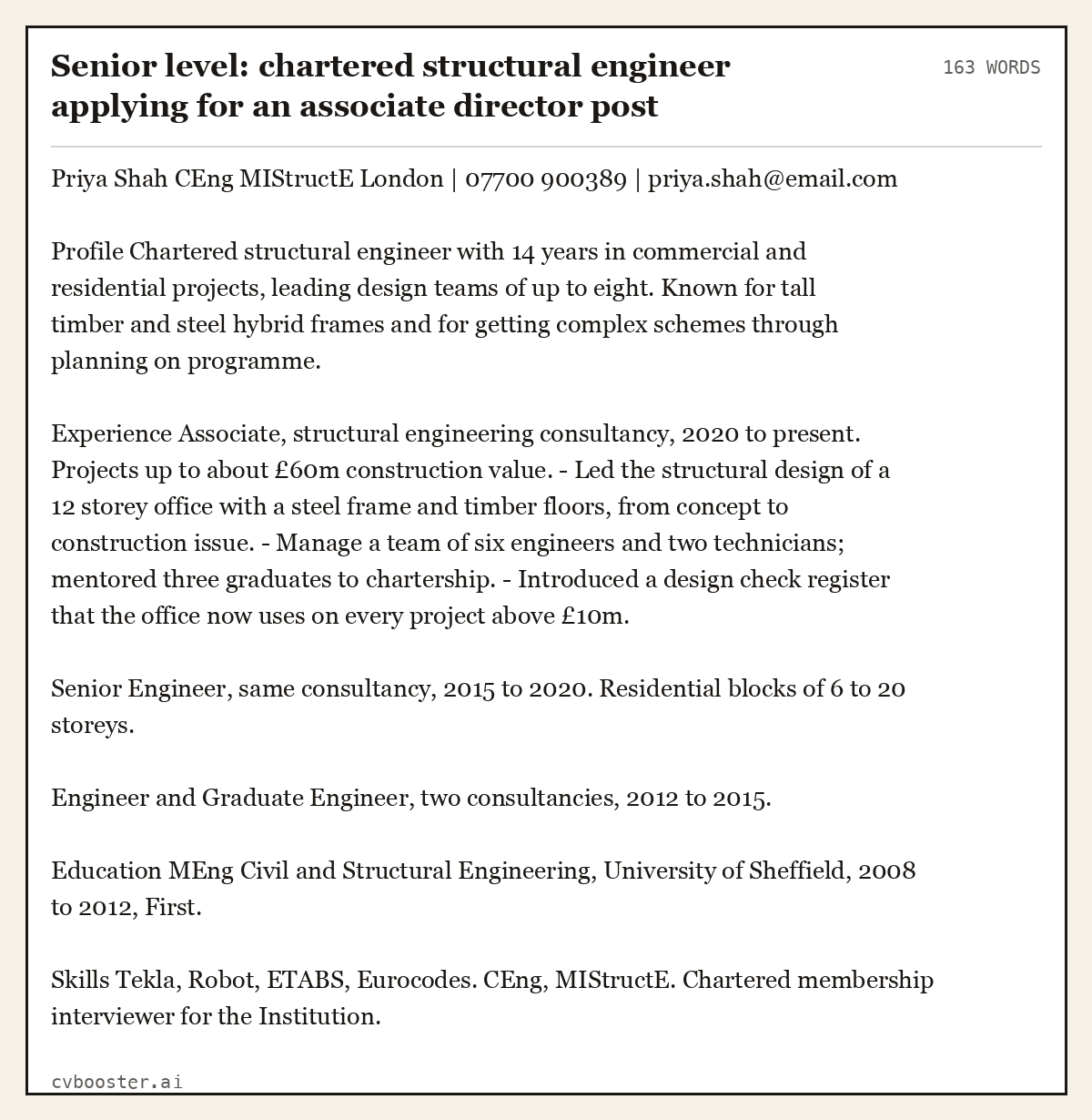Complete Senior level: chartered structural engineer applying for an associate director post example, 163 words, laid out as it would sit in the application form