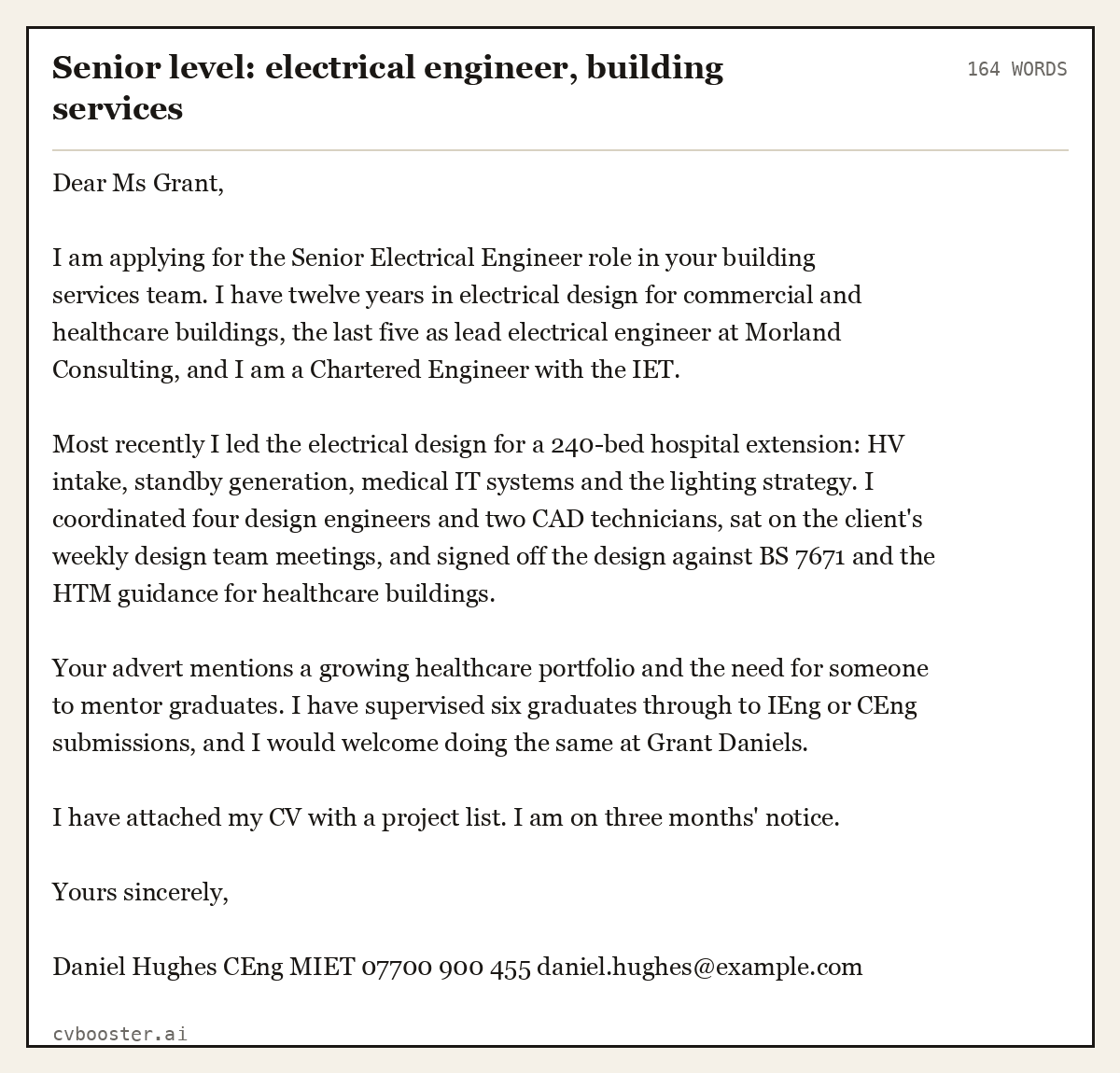 Complete Senior level: electrical engineer, building services example, 164 words, laid out as it would sit in the application form