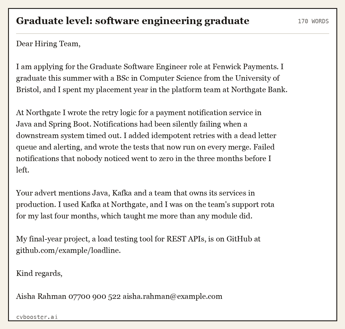 Complete Graduate level: software engineering graduate example, 170 words, laid out as it would sit in the application form