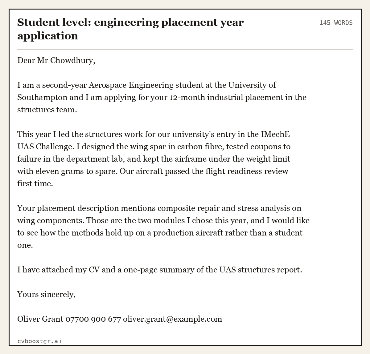 Complete Student level: engineering placement year application example, 145 words, laid out as it would sit in the application form