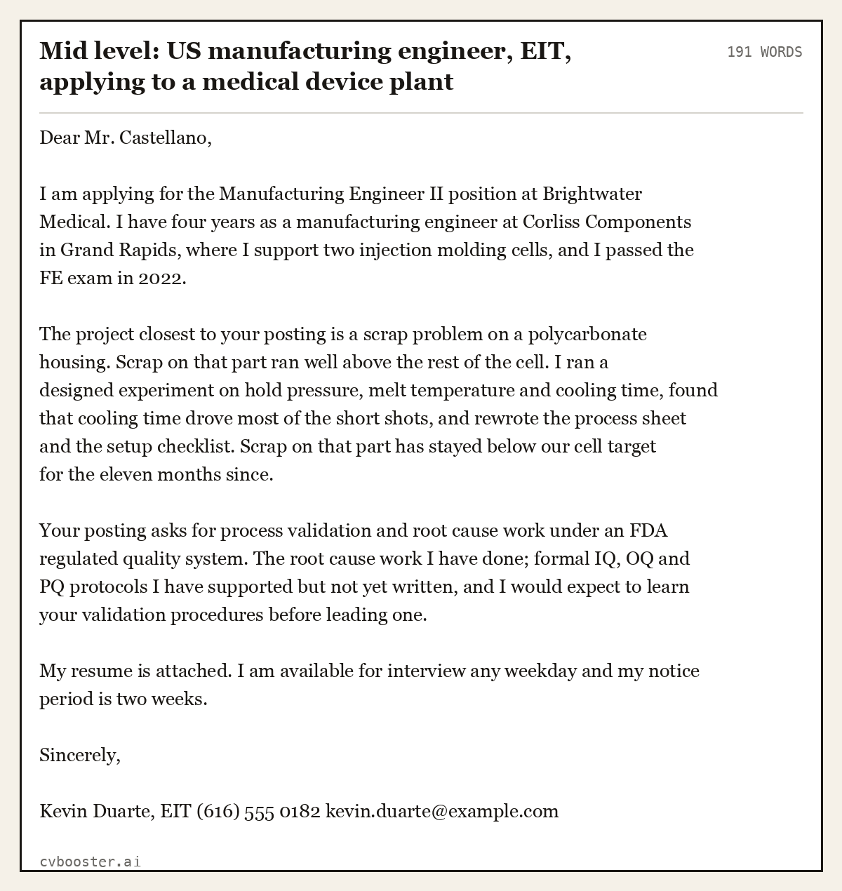 Complete Mid level: US manufacturing engineer, EIT, applying to a medical device plant example, 191 words, laid out as it would sit in the application form