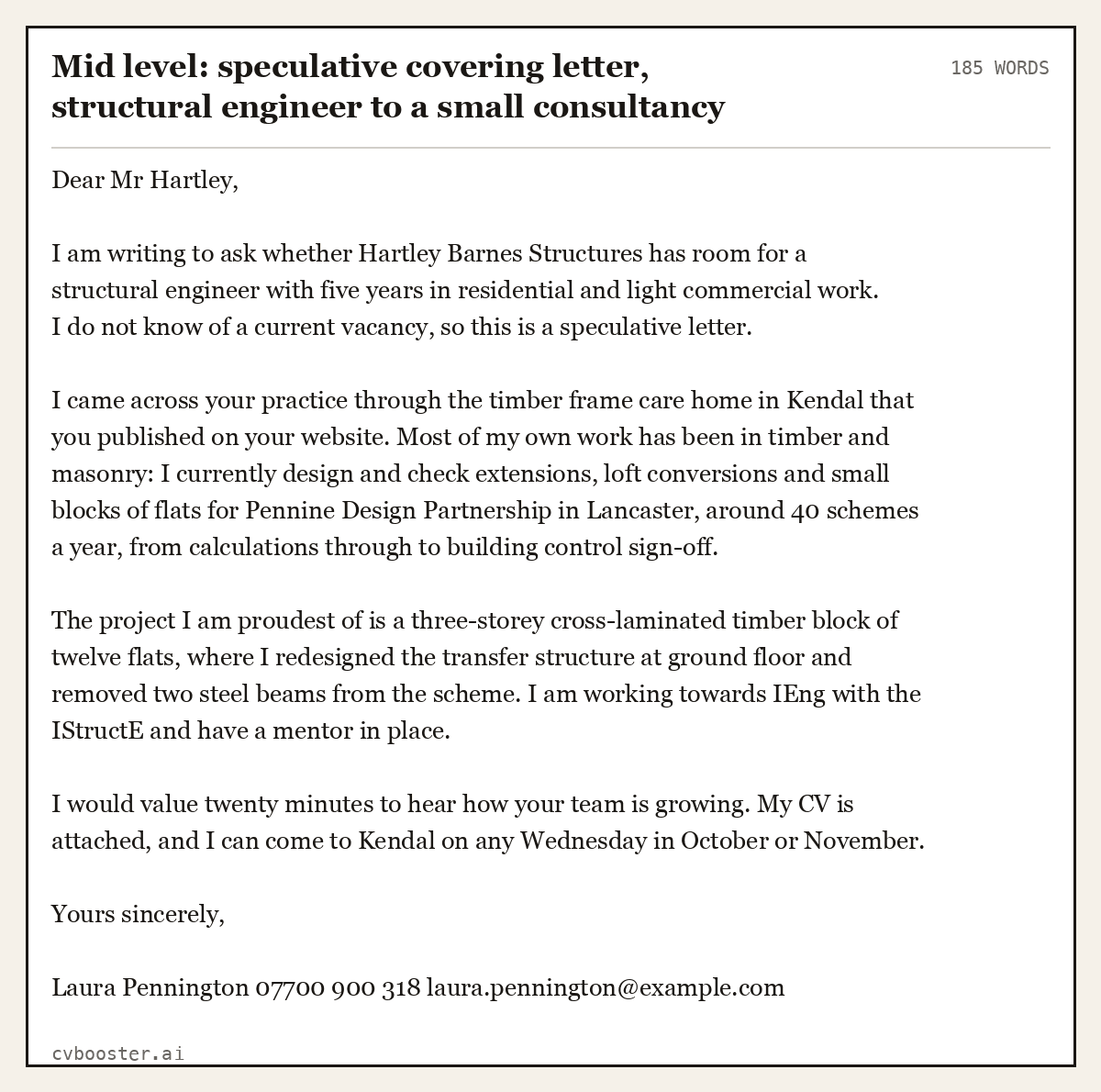Complete Mid level: speculative covering letter, structural engineer to a small consultancy example, 185 words, laid out as it would sit in the application form