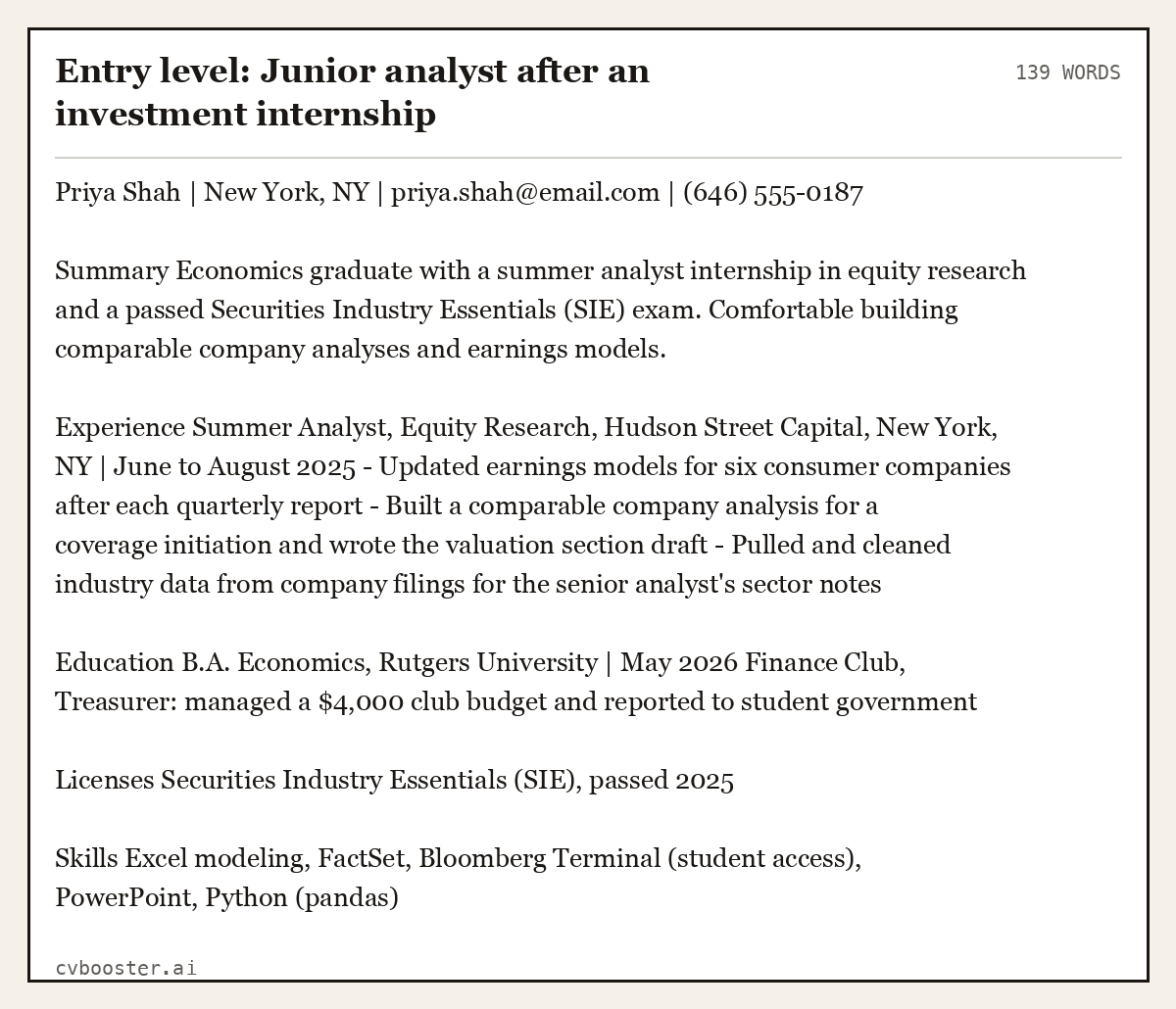 Complete Entry level: Junior analyst after an investment internship example, 139 words, laid out as it would sit in the application form