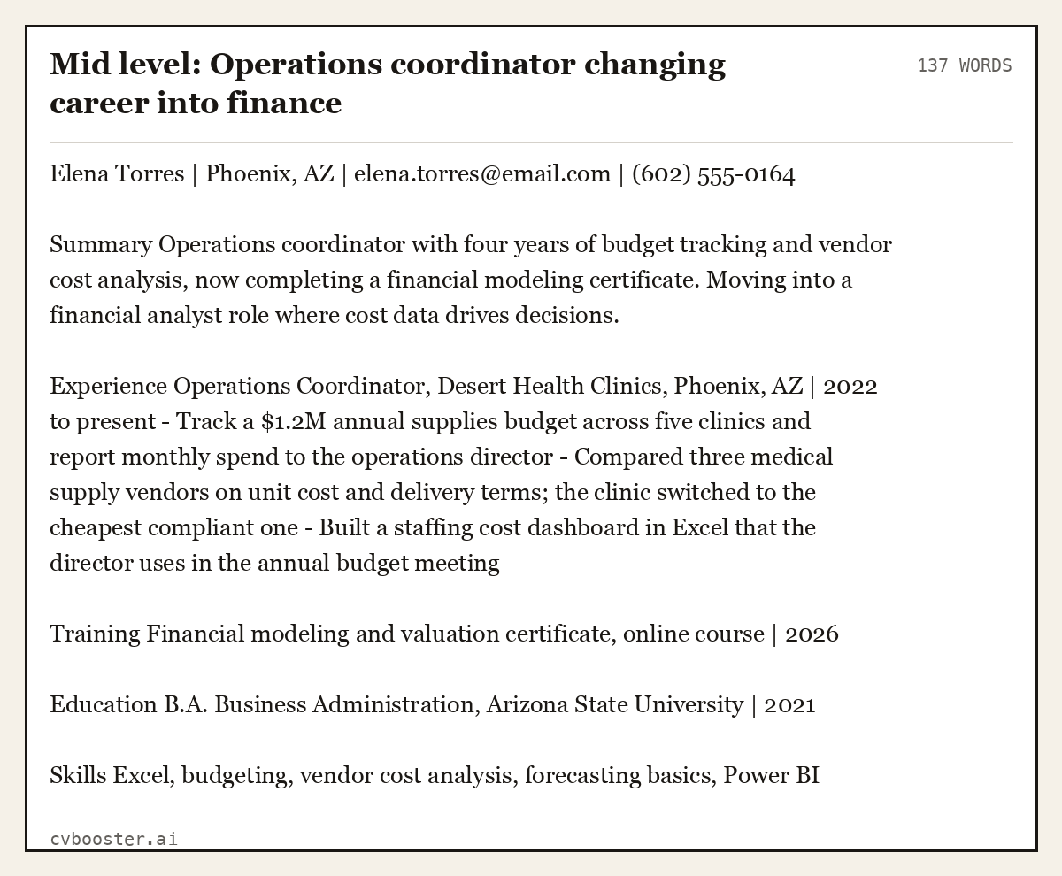 Complete Mid level: Operations coordinator changing career into finance example, 137 words, laid out as it would sit in the application form