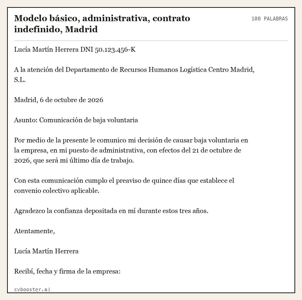 Ejemplo completo: Modelo básico, administrativa, contrato indefinido, Madrid, 100 palabras