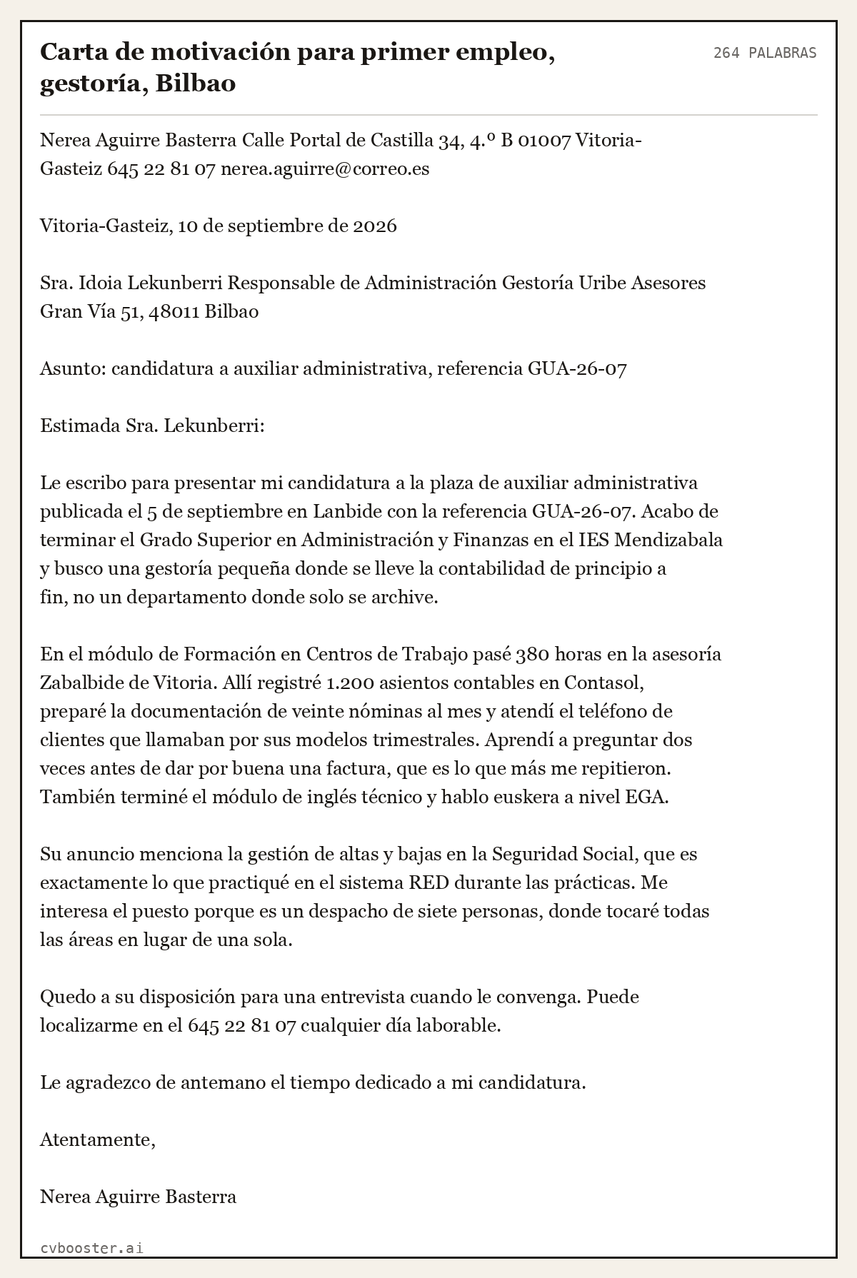 Ejemplo completo: Carta de motivación para primer empleo, gestoría, Bilbao, 264 palabras