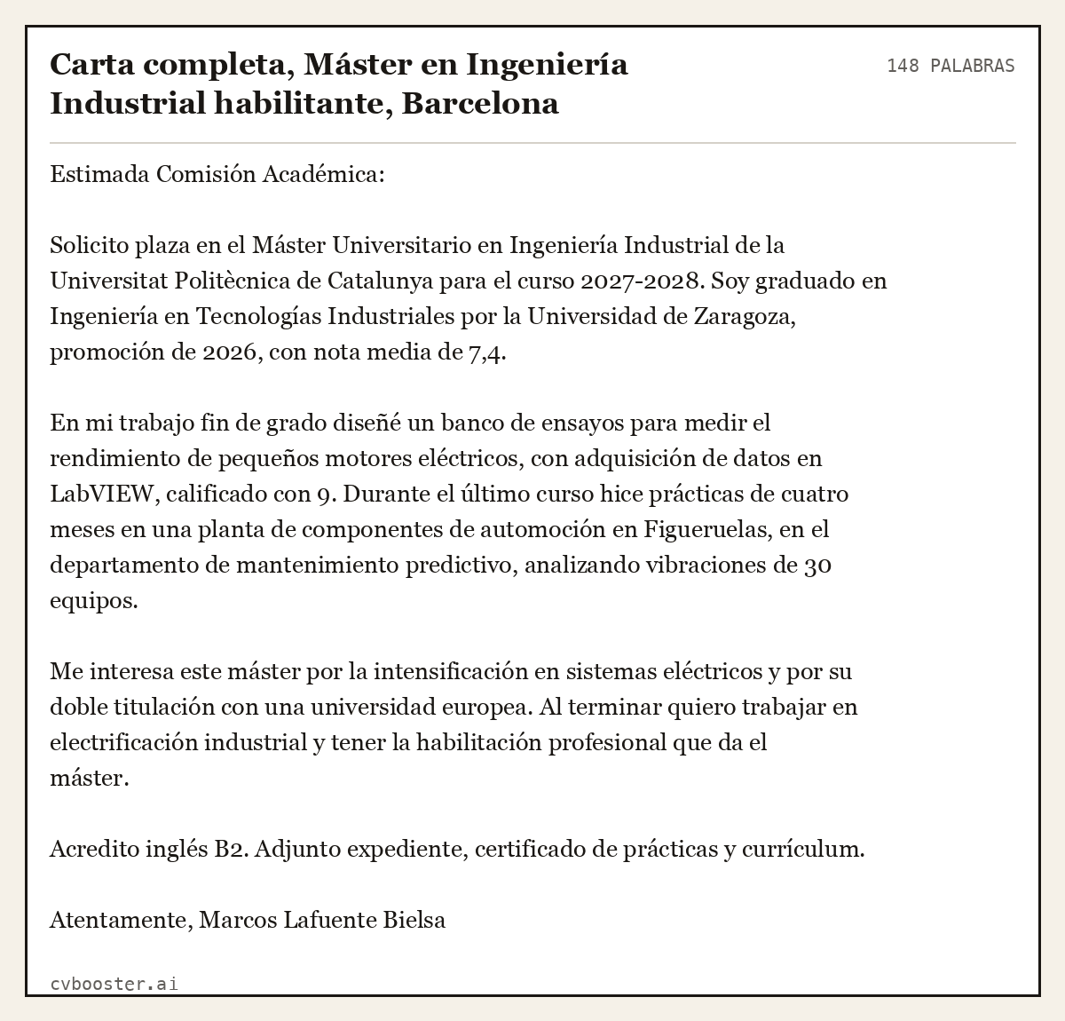 Ejemplo completo: Carta completa, Máster en Ingeniería Industrial habilitante, Barcelona, 148 palabras