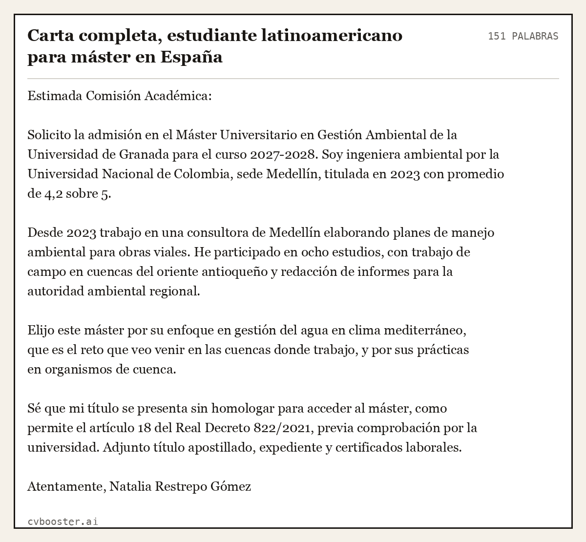 Ejemplo completo: Carta completa, estudiante latinoamericano para máster en España, 151 palabras
