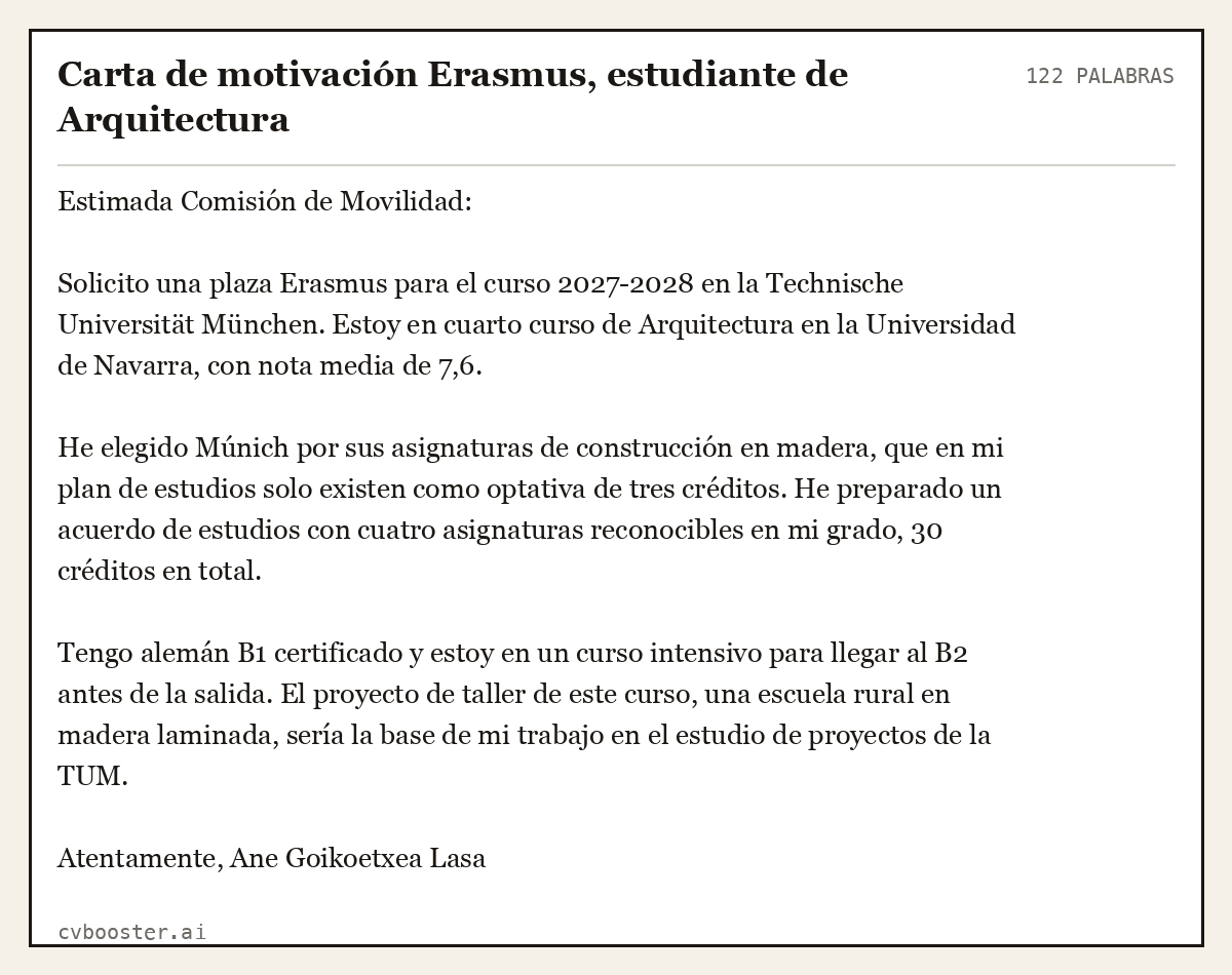 Ejemplo completo: Carta de motivación Erasmus, estudiante de Arquitectura, 122 palabras