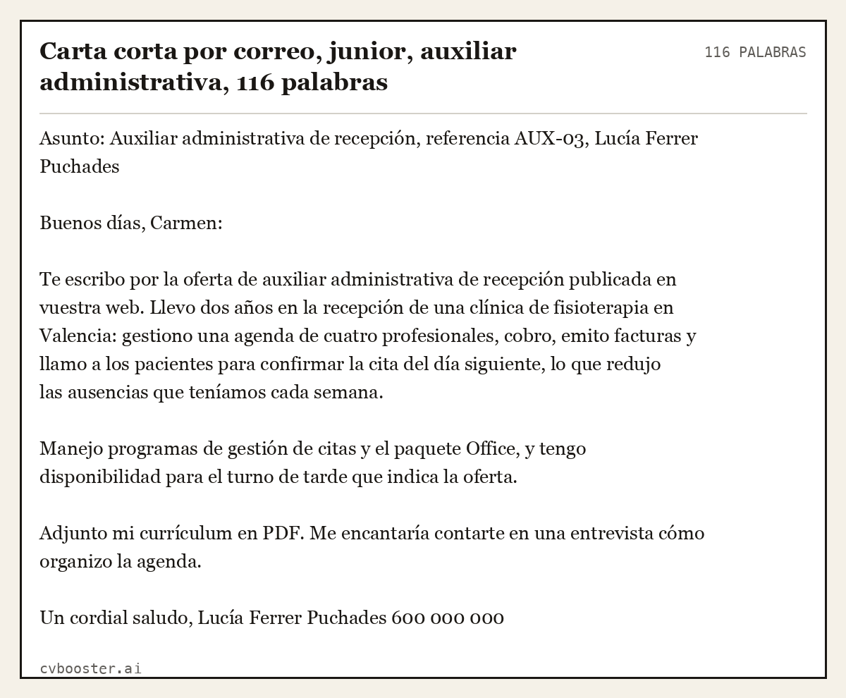 Ejemplo completo: Carta corta por correo, junior, auxiliar administrativa, 116 palabras, 116 palabras