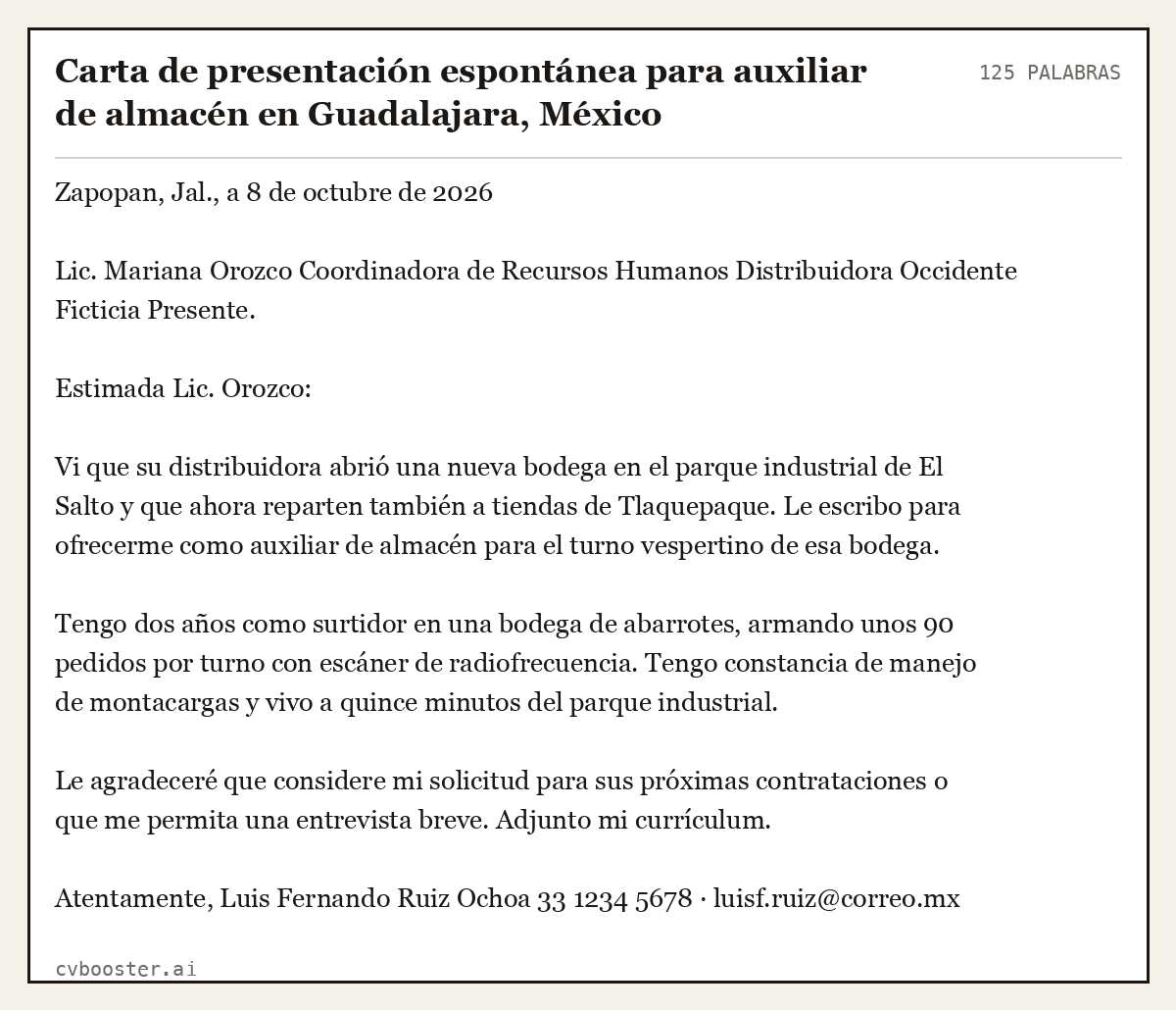 Ejemplo completo: Carta de presentación espontánea para auxiliar de almacén en Guadalajara, México, 125 palabras