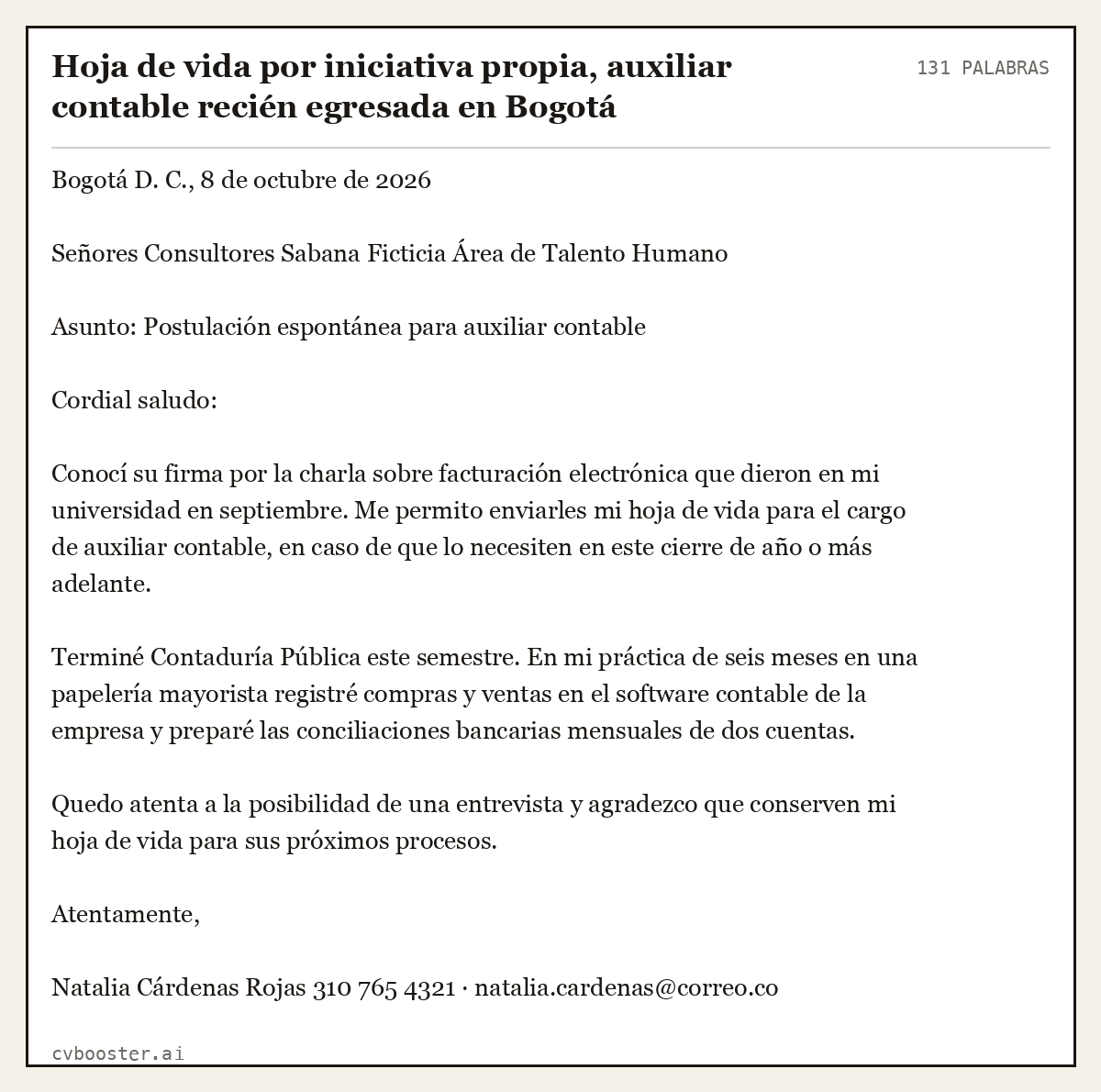 Ejemplo completo: Hoja de vida por iniciativa propia, auxiliar contable recién egresada en Bogotá, 131 palabras