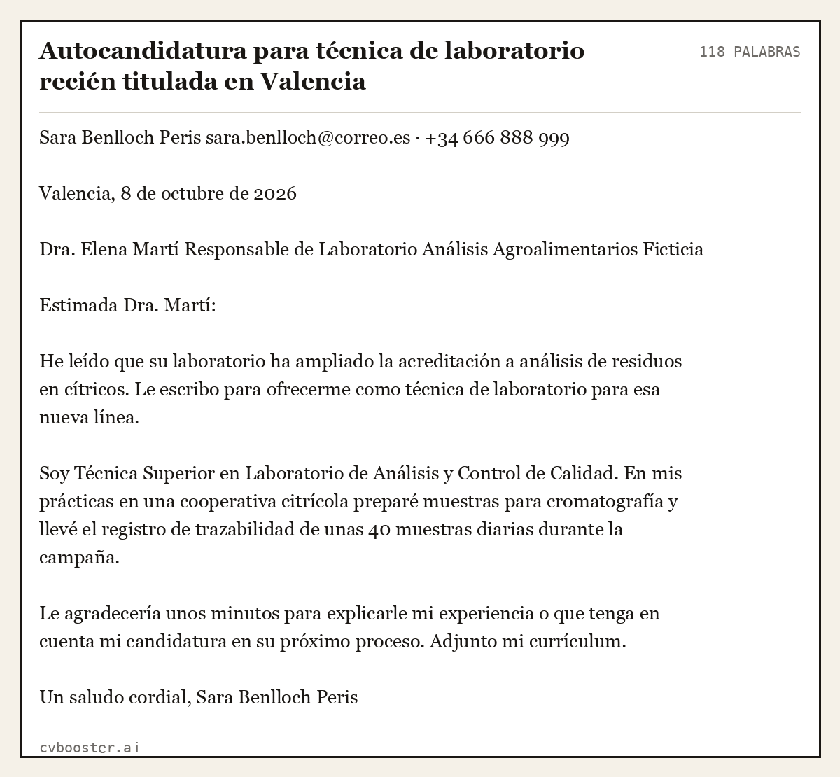 Ejemplo completo: Autocandidatura para técnica de laboratorio recién titulada en Valencia, 118 palabras