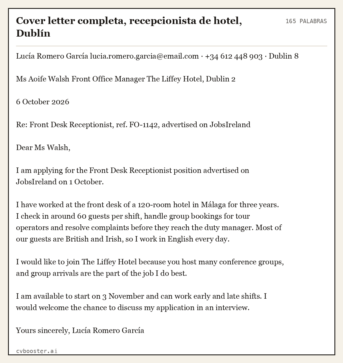 Ejemplo completo: Cover letter completa, recepcionista de hotel, Dublín, 165 palabras