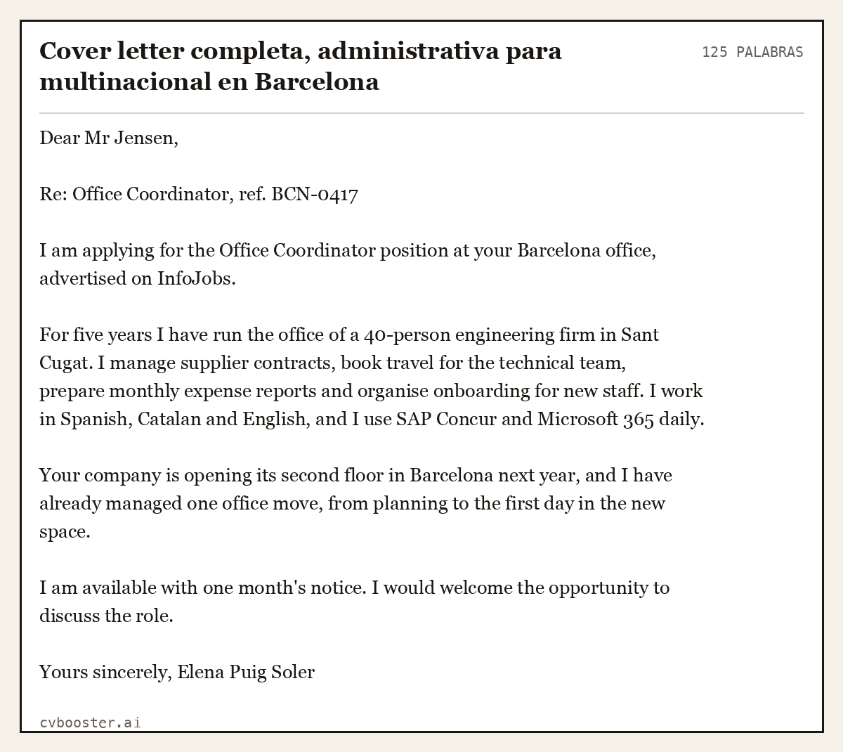 Ejemplo completo: Cover letter completa, administrativa para multinacional en Barcelona, 125 palabras