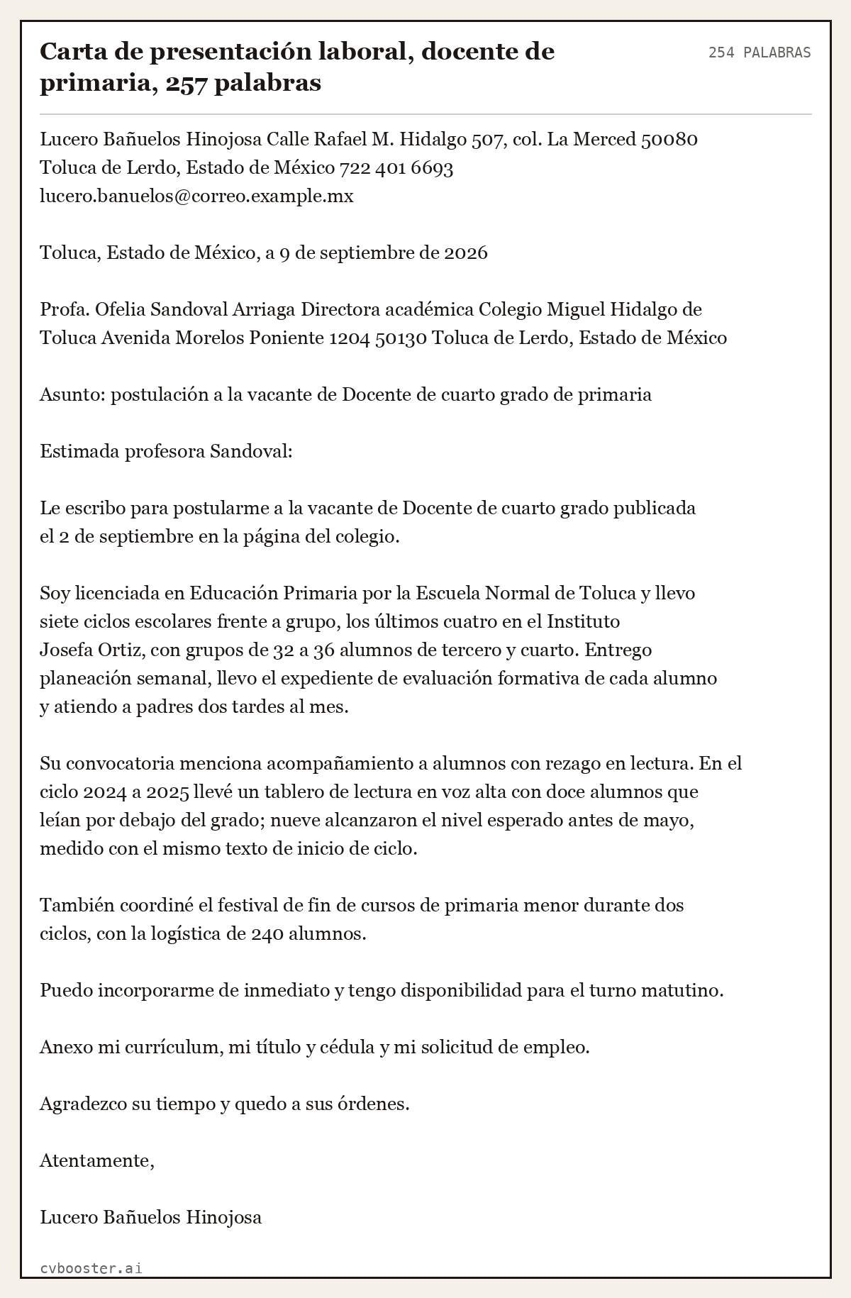 Ejemplo completo: Carta de presentación laboral, docente de primaria, 257 palabras, 254 palabras