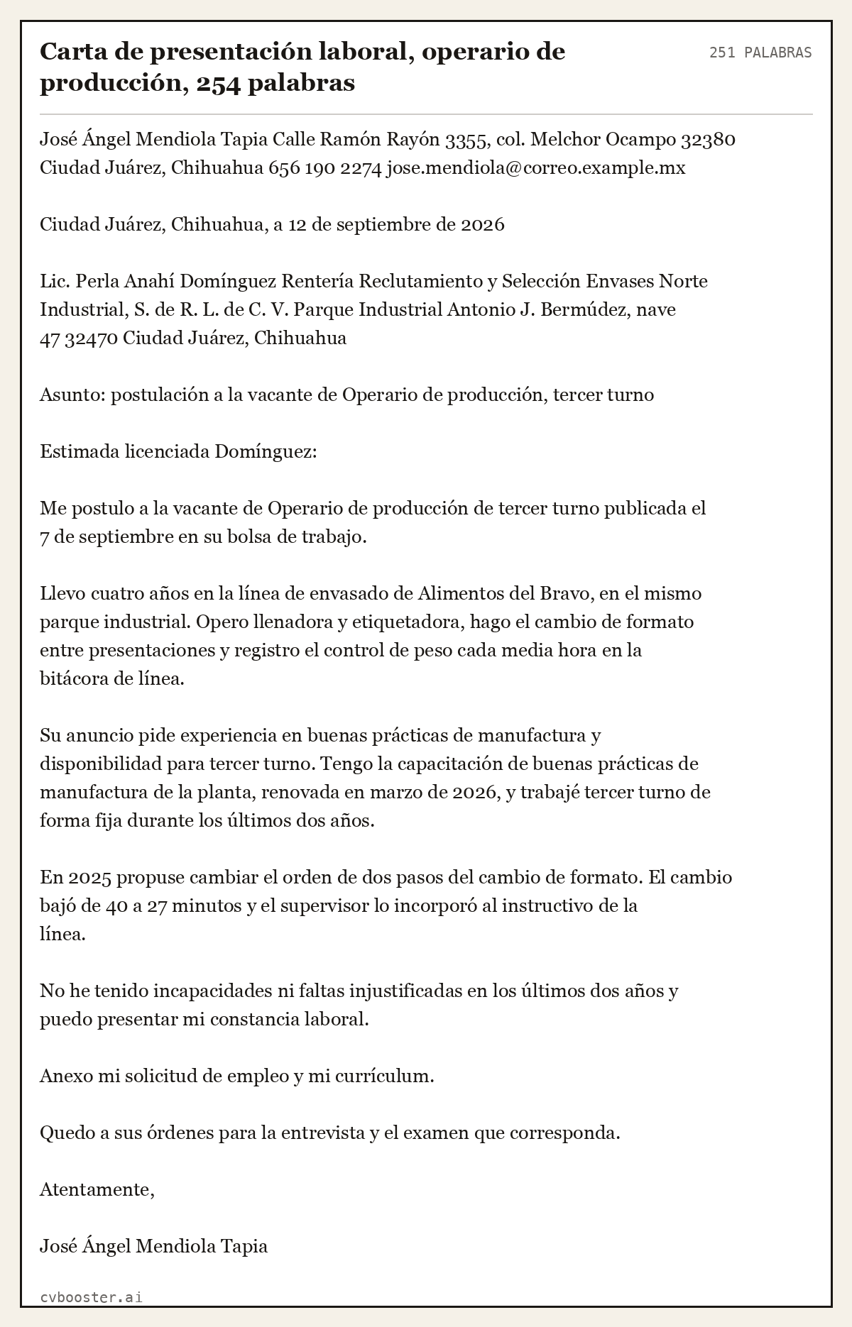 Ejemplo completo: Carta de presentación laboral, operario de producción, 254 palabras, 251 palabras