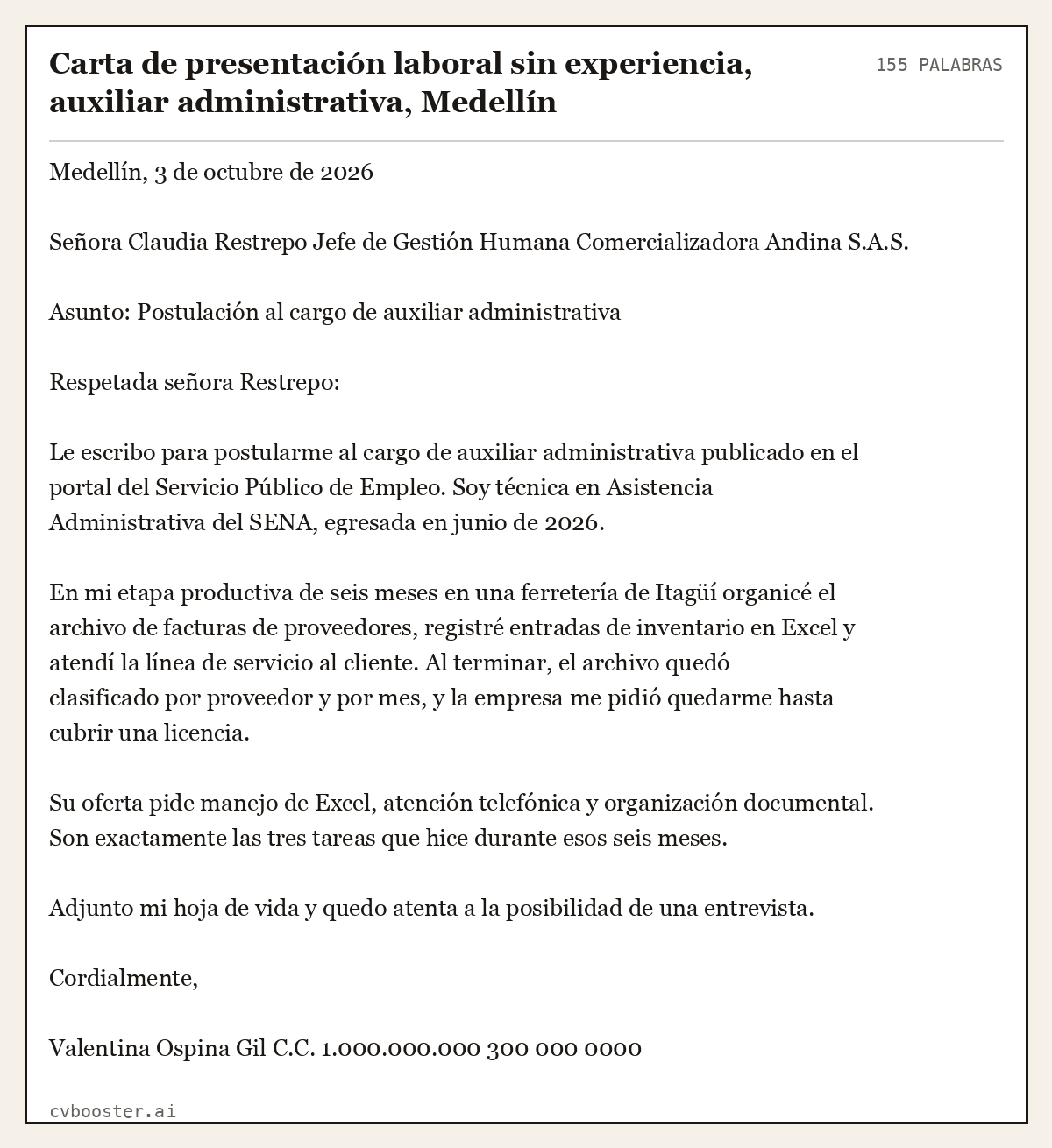 Ejemplo completo: Carta de presentación laboral sin experiencia, auxiliar administrativa, Medellín, 155 palabras