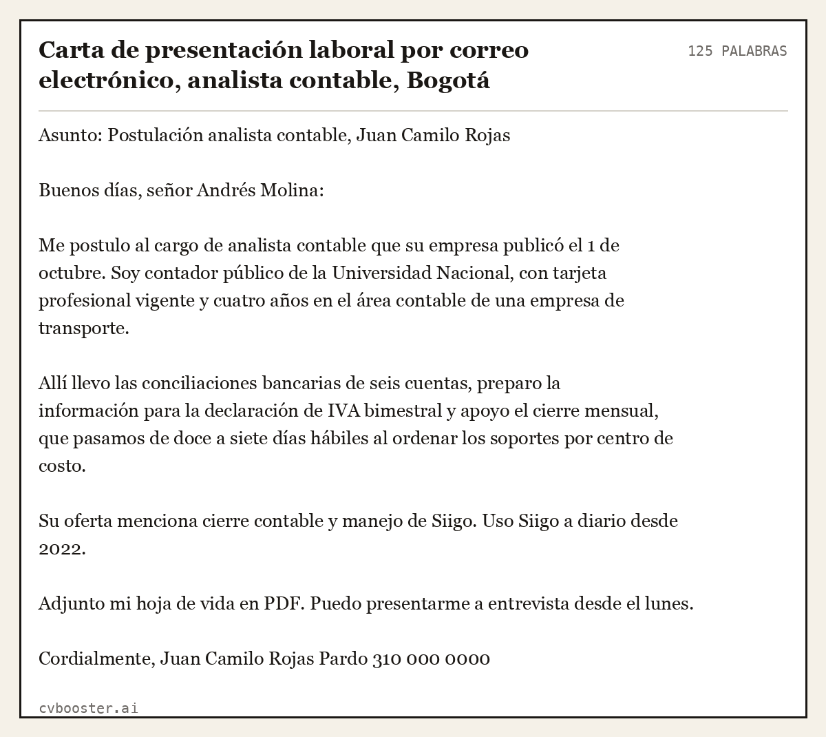 Ejemplo completo: Carta de presentación laboral por correo electrónico, analista contable, Bogotá, 125 palabras