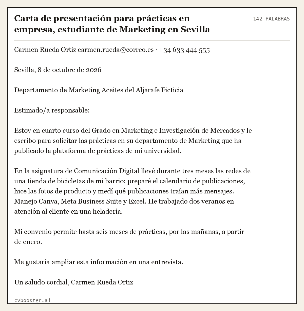 Ejemplo completo: Carta de presentación para prácticas en empresa, estudiante de Marketing en Sevilla, 142 palabras