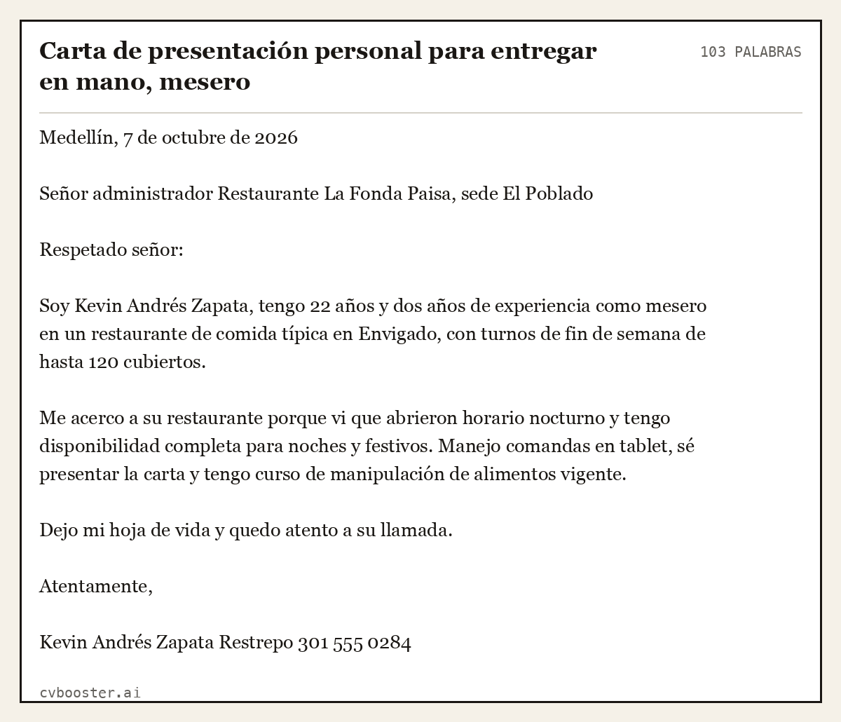 Ejemplo completo: Carta de presentación personal para entregar en mano, mesero, 103 palabras