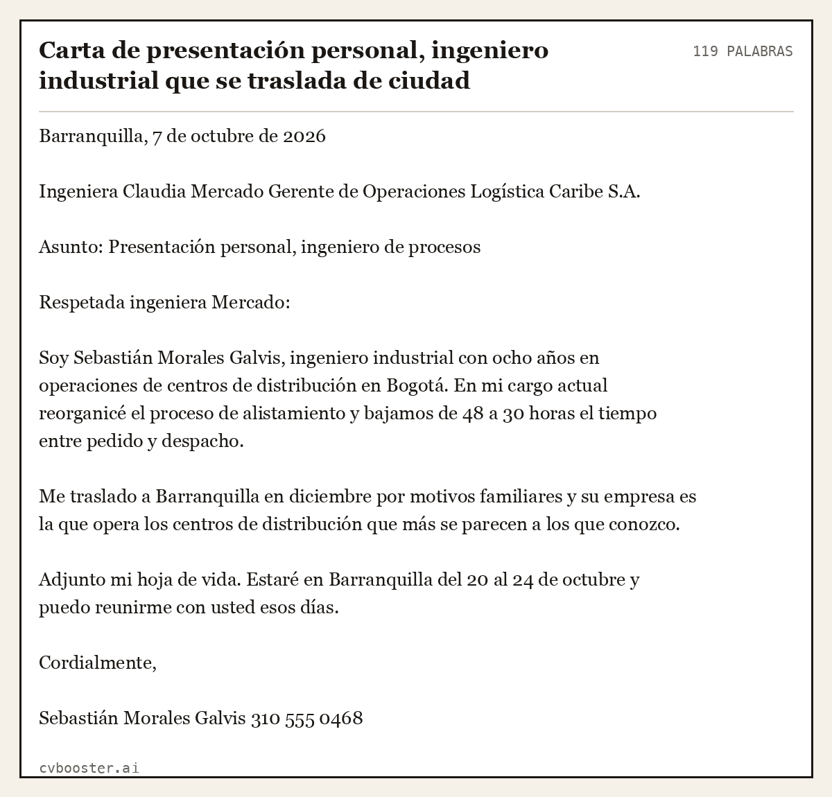 Ejemplo completo: Carta de presentación personal, ingeniero industrial que se traslada de ciudad, 119 palabras