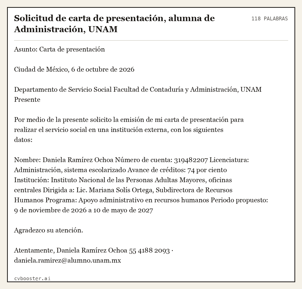 Ejemplo completo: Solicitud de carta de presentación, alumna de Administración, UNAM, 118 palabras