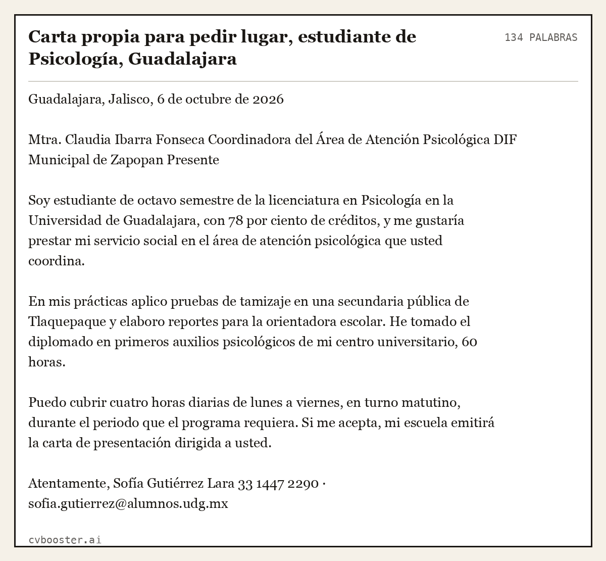 Ejemplo completo: Carta propia para pedir lugar, estudiante de Psicología, Guadalajara, 134 palabras