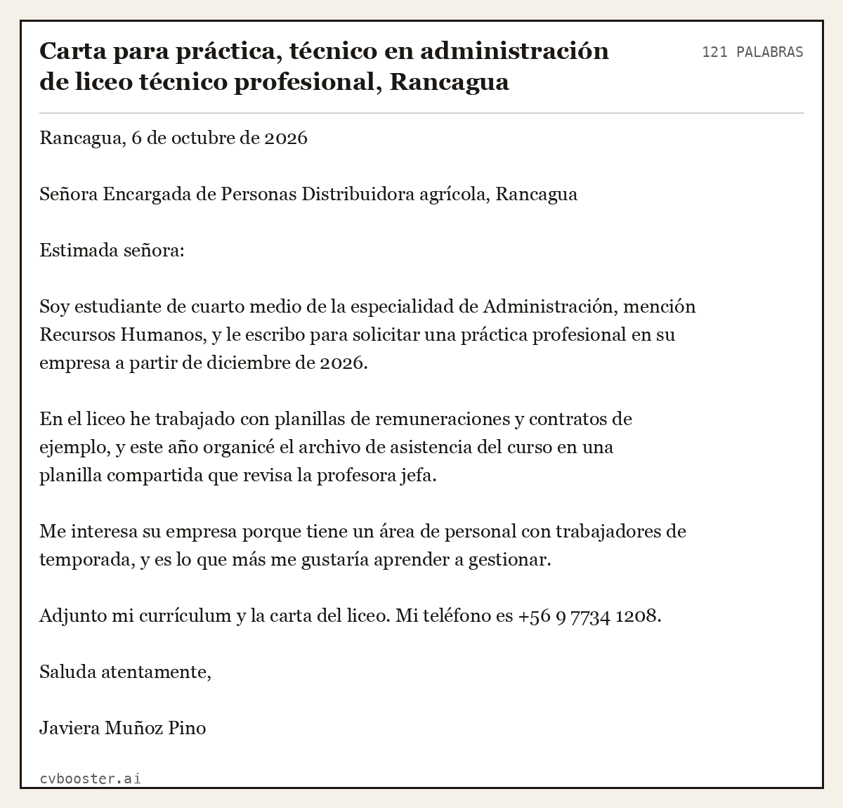 Ejemplo completo: Carta para práctica, técnico en administración de liceo técnico profesional, Rancagua, 121 palabras