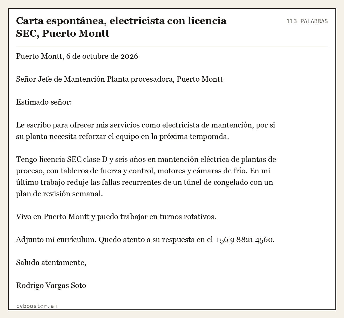 Ejemplo completo: Carta espontánea, electricista con licencia SEC, Puerto Montt, 113 palabras