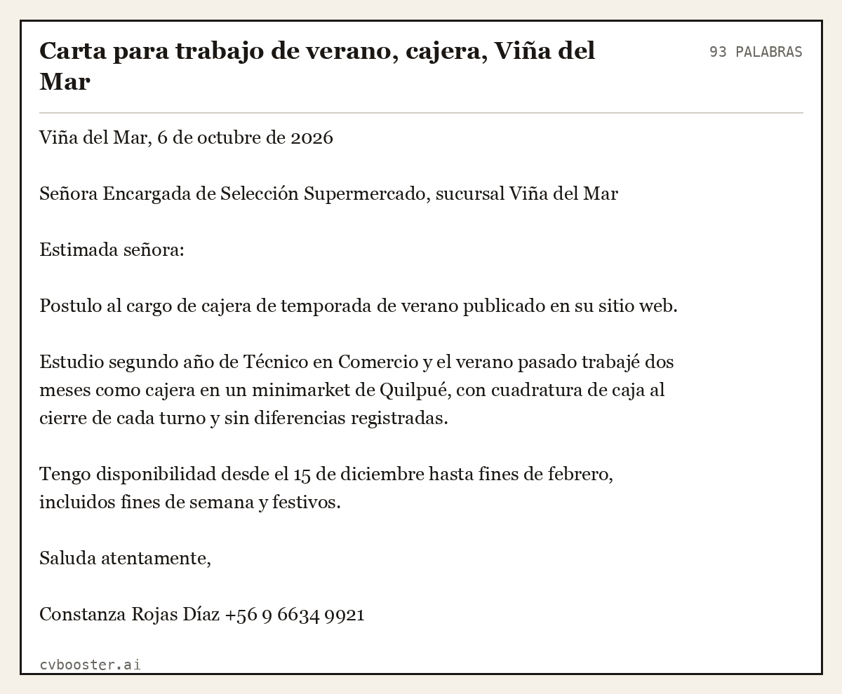 Ejemplo completo: Carta para trabajo de verano, cajera, Viña del Mar, 93 palabras