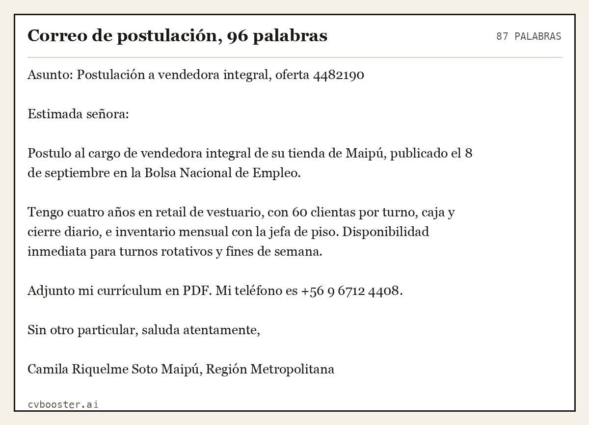 Ejemplo completo: Correo de postulación, 87 palabras