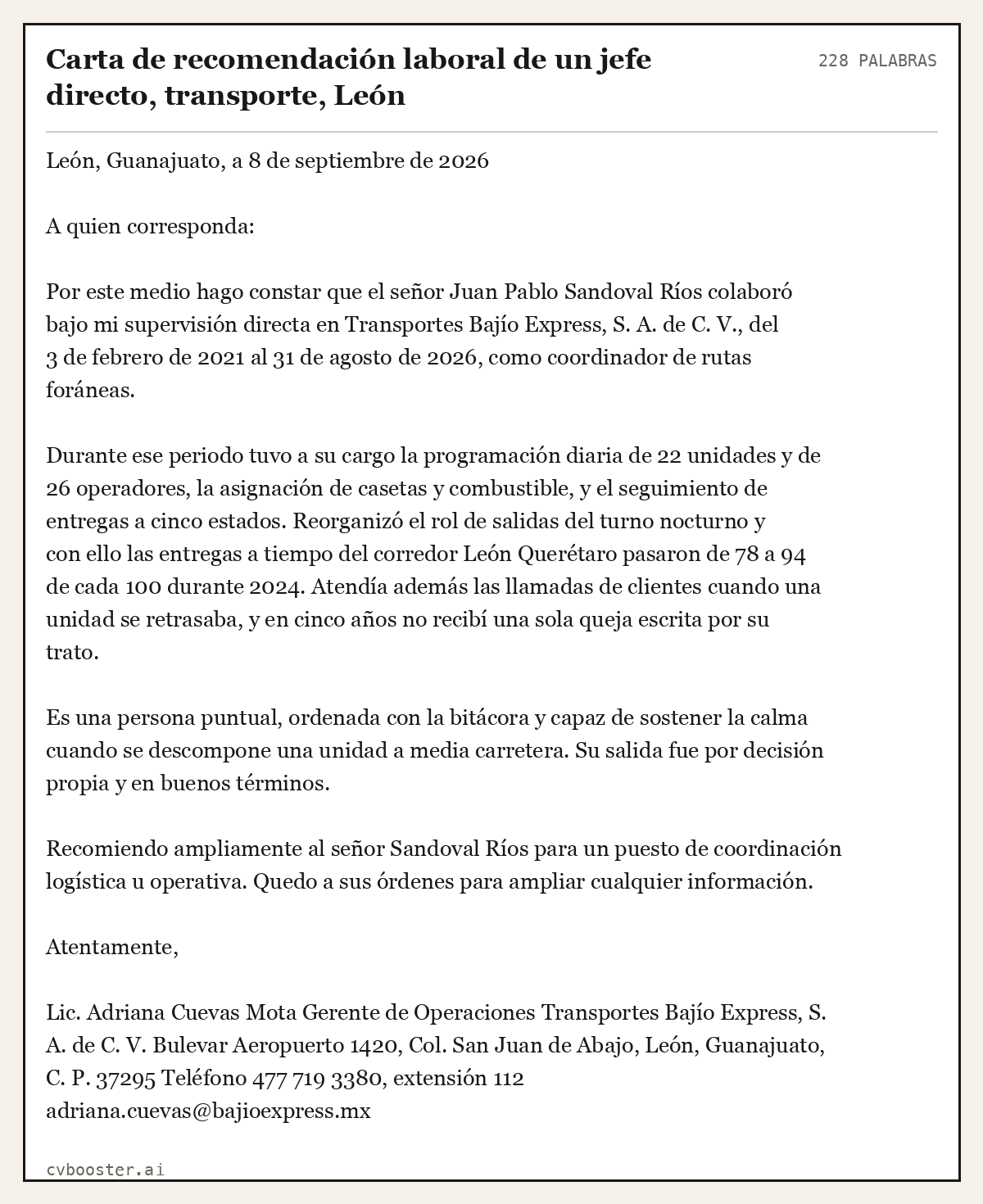 Ejemplo completo: Carta de recomendación laboral de un jefe directo, transporte, León, 228 palabras