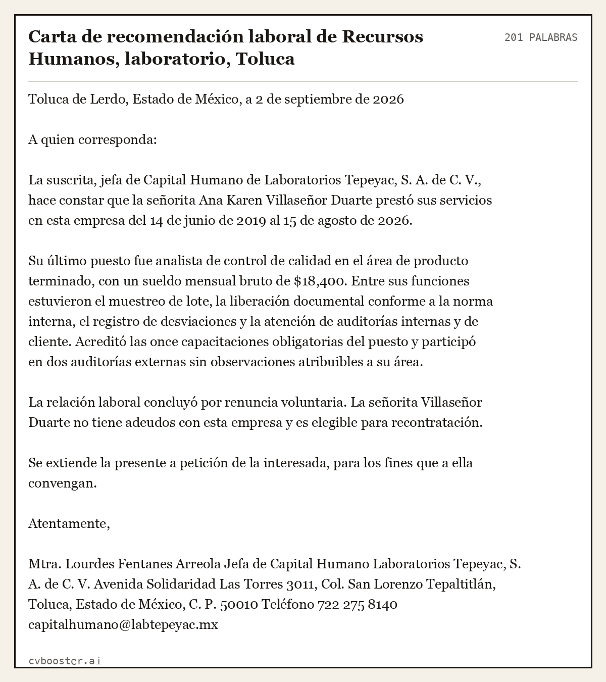 Ejemplo completo: Carta de recomendación laboral de Recursos Humanos, laboratorio, Toluca, 201 palabras